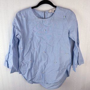LOFT Blouse Blue bell sleeve size XS Pearl detail‎